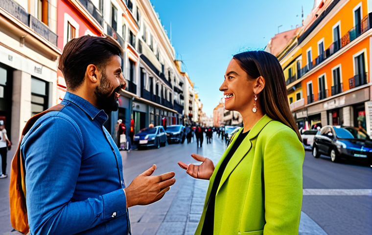 Micro-Influencer Collaboration** "A vibrant street scene in Madrid, featuring a local artisan shop owner (fully clothed, professional attire) interacting with a micro-influencer (modest, stylish clothing) who is filming a short video. Focus on the genuine connection and collaboration. Background includes colorful buildings and bustling pedestrian traffic. Safe for work, appropriate content, professional, perfect anatomy, natural proportions, well-formed hands, proper finger count, high quality." **