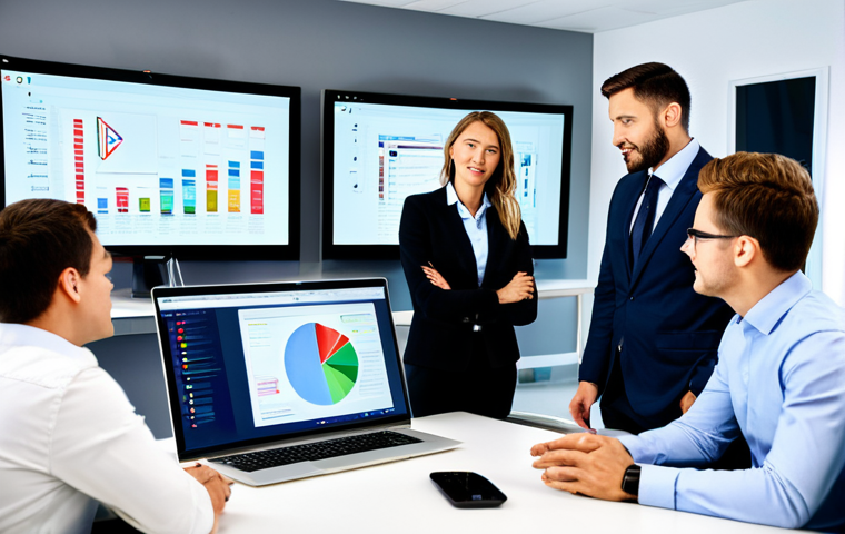 브랜드 이미지 회복을 위한 디지털 전략 - Proactive Brand Management** "A diverse team brainstorming in a modern office, analyzing social med...