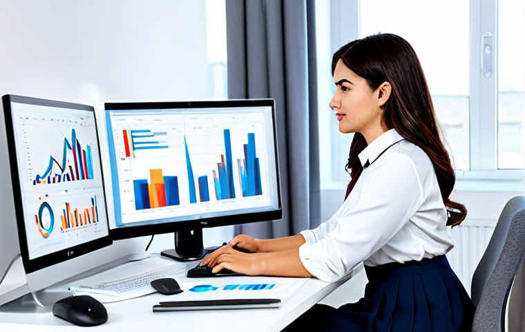 디지털 명성 관리의 성공적인 원칙 - ** "A woman managing online reputation, sitting at a desk, working on a computer, surrounded by cha...