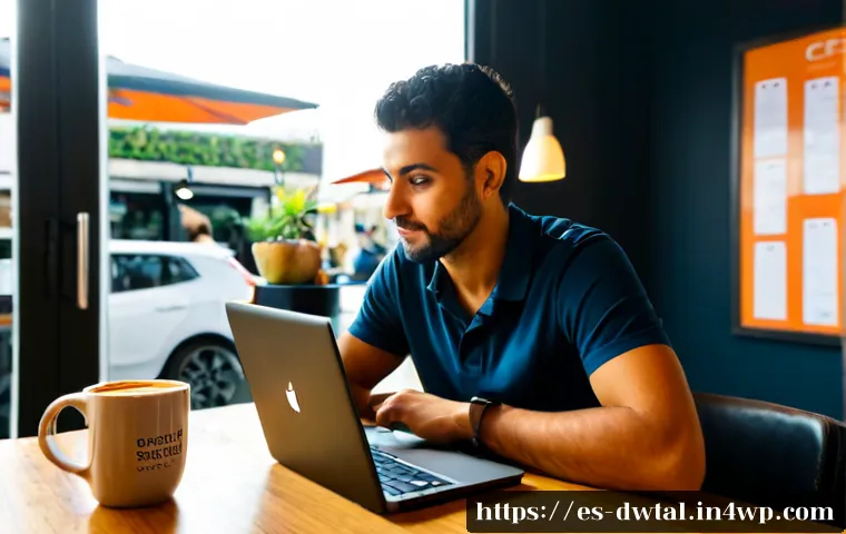 디지털 명성 관리의 성공 비결 - Photorealistic Spanish small-business owner in a bright modern café, calmly reviewing positive custo...
