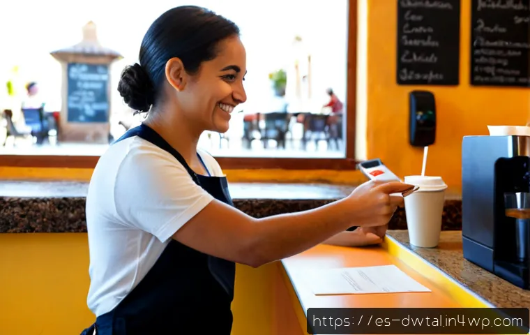 소셜 미디어에서의 고객 충성도 구축 전략 - Photorealistic scene of a friendly small business owner in a bright Spanish-speaking city café, warm...